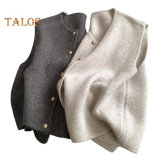 Women Knitted Vest Round Neck Sleeveless Button-down Thick Elastic Pure Color Brushed Texture Loose Sweater Coat for Spring Autumn Winter
