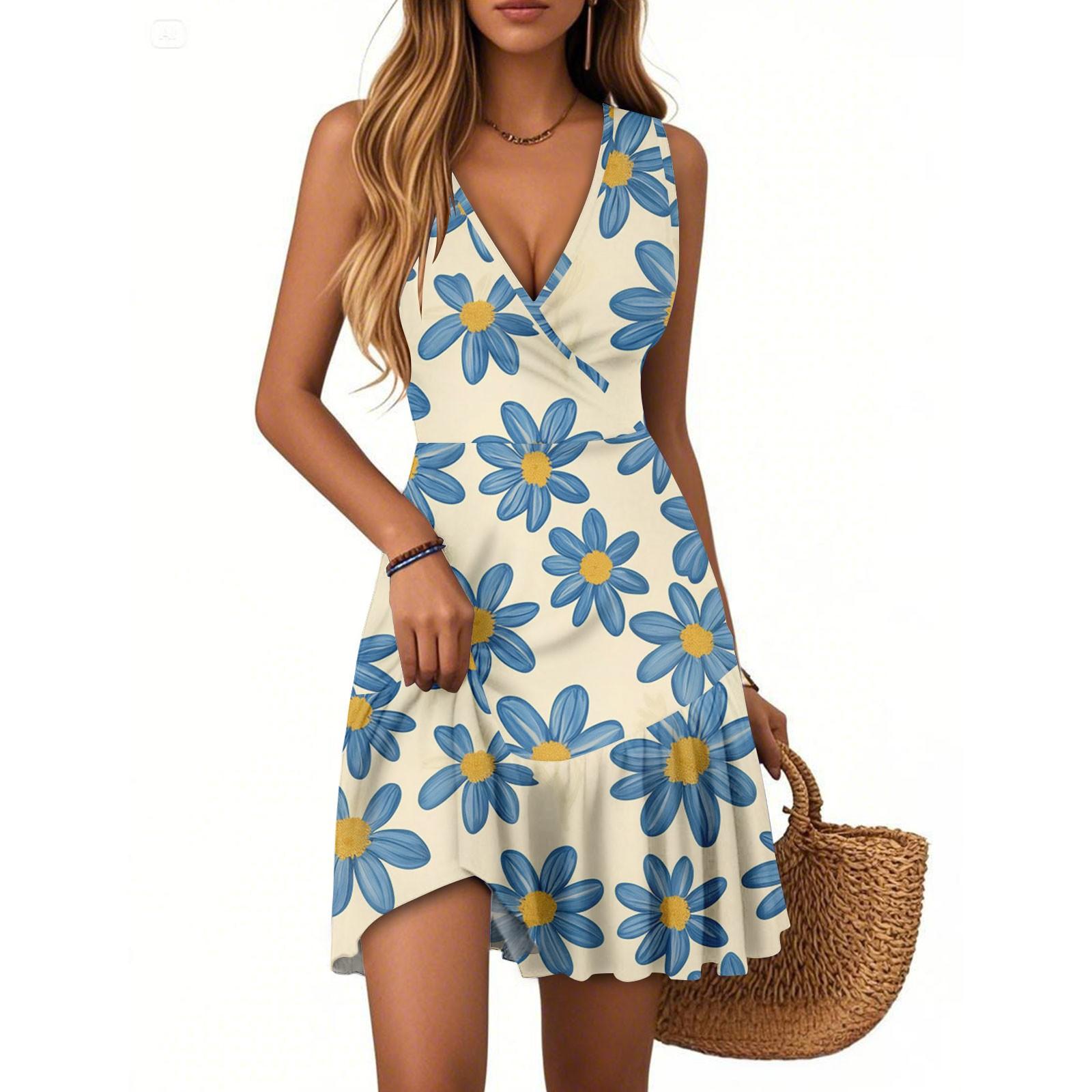 

Жіноча літня сукня V-подібний виріз без рукавів повсякденна квітковий принт поділ плісе сукня S