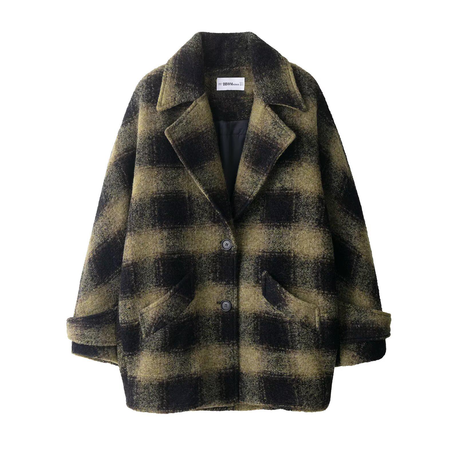 European & American Women s Fashion Plaid Wool Blend Jacket Medium