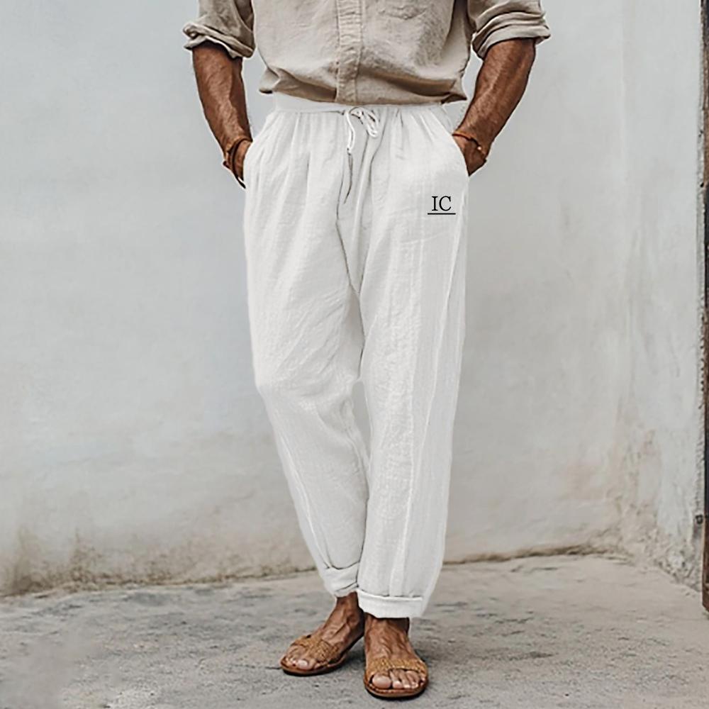 Summer Men Solid Color Linen Straight Casual Pants Plus  Size Breathable Comfortable Drawstring Loose Trousers