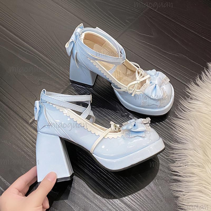 Fashion Women Platform Lolita Shoes Bowknot Mary Janes Shoes High Heels Trend Kawaii Leather Straps Fashion Chunky Heeled Pumps Size 34