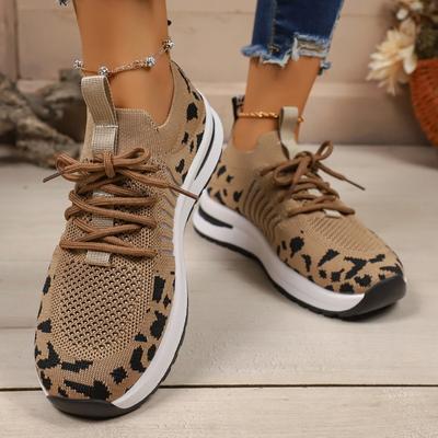 Fashion 2025 New Women Casual Shoes New Leopard Lace-up Sneakers Lightweight Mesh Breathable Casual Sports Shoes Women Running Shoes