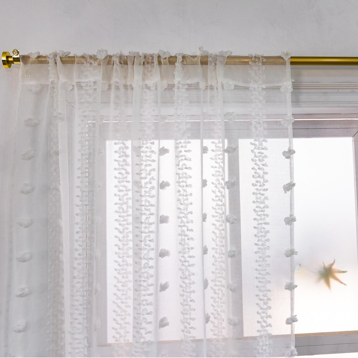 Пушистые помпоны Богемные белые шторы Вышитые цветы Марокканская гостиная Спальня Полупрозрачные шторы height 45 * 140 width