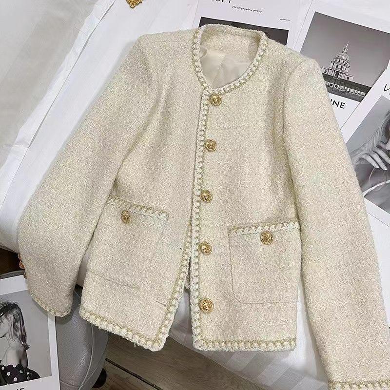 Französische kleine duftende temperamentvolle Berühmtheit Tweedjacke Damen Herbst und Winter Neu Koreanische Version Beige Vielseitiges Oberteil Damenbekleidung