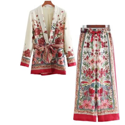 2 Piece Women's Blazer with Belt Wide Leg Pants Set Printed Blazer Jacket + Pants Women's Pajama Set