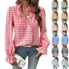Women's Plaid V-neck Shirt Ruffled Shirt Long Sleeve Top