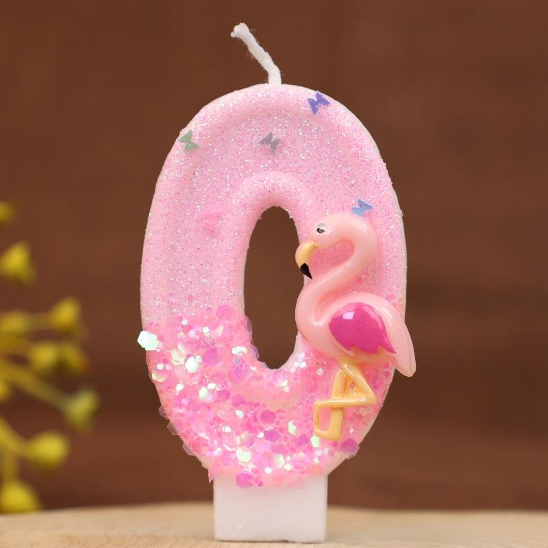 Pink Glitter Birthday Number Candles with Flamingos 1 Year Baby Birthday Cake Decorations