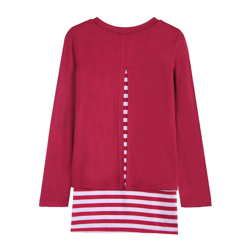 Frühlings- und Herbst Damen Rundhals Dehnbar Locker Streifen Patchwork Bluse