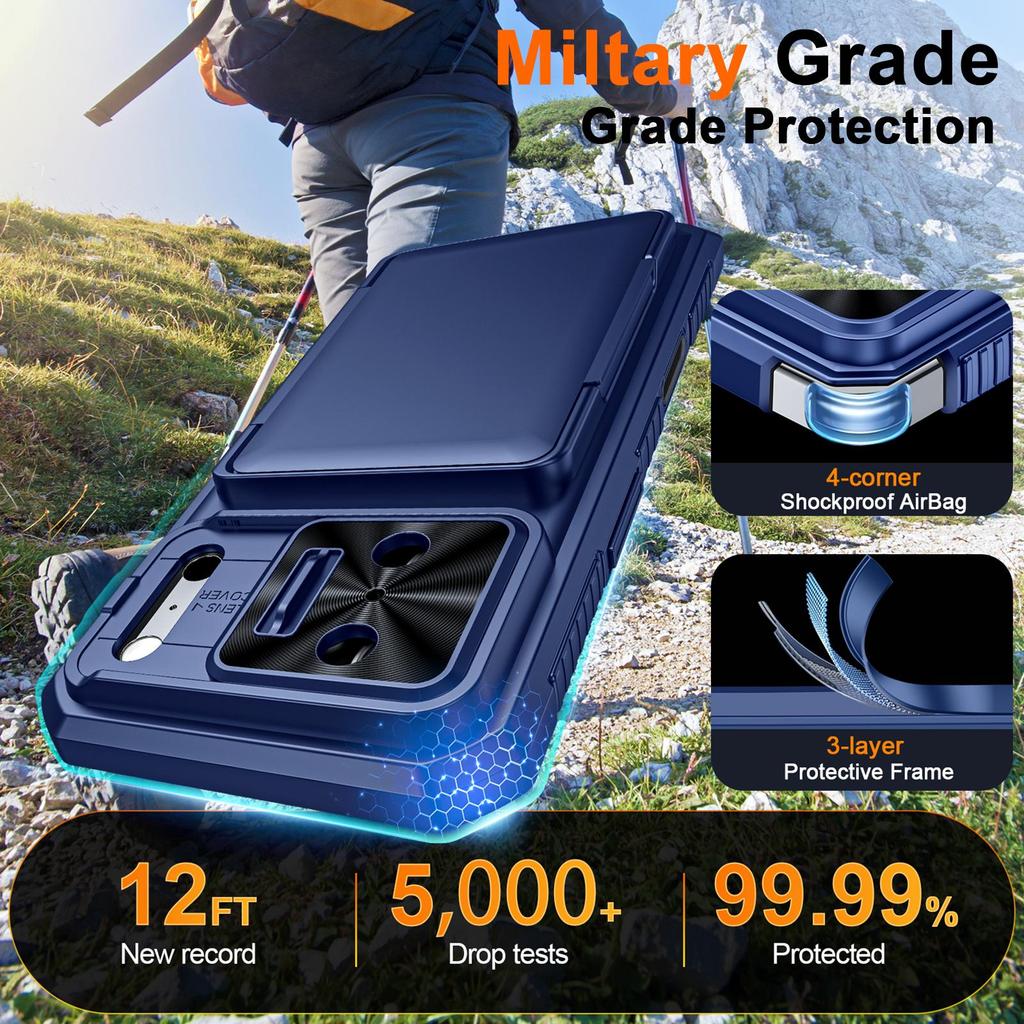 Shockproof RFID Wallet Case with Card Holder Camera Protector Stand PC+TPU Case for iPhone 17 Pro-Blue