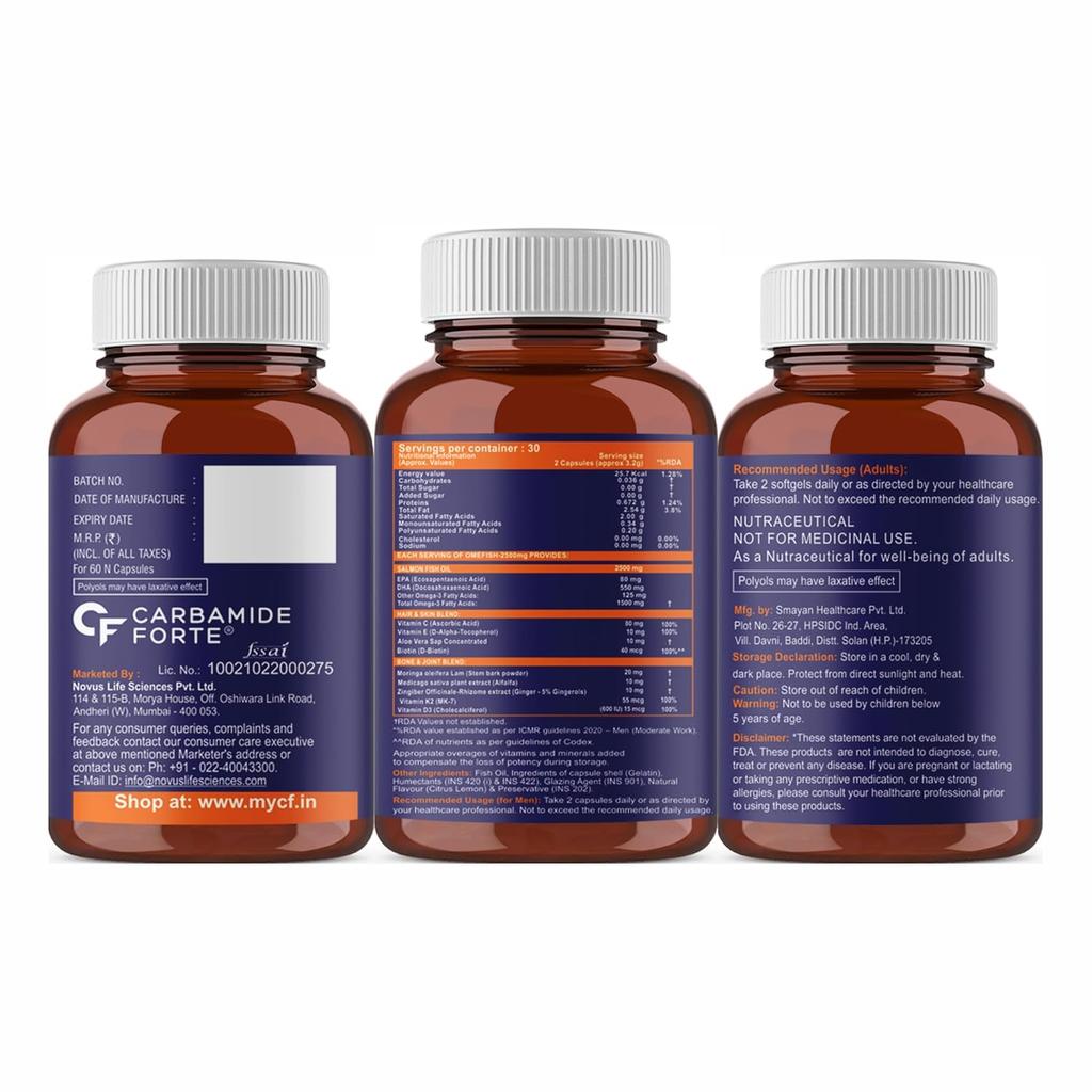 Carbamide Forte Fish Oil 2500 Mg Softgel Capsules For Men And Women With High Strength Omega Support Pack Of 1  60 Capsules Daily Wellness Capsules
