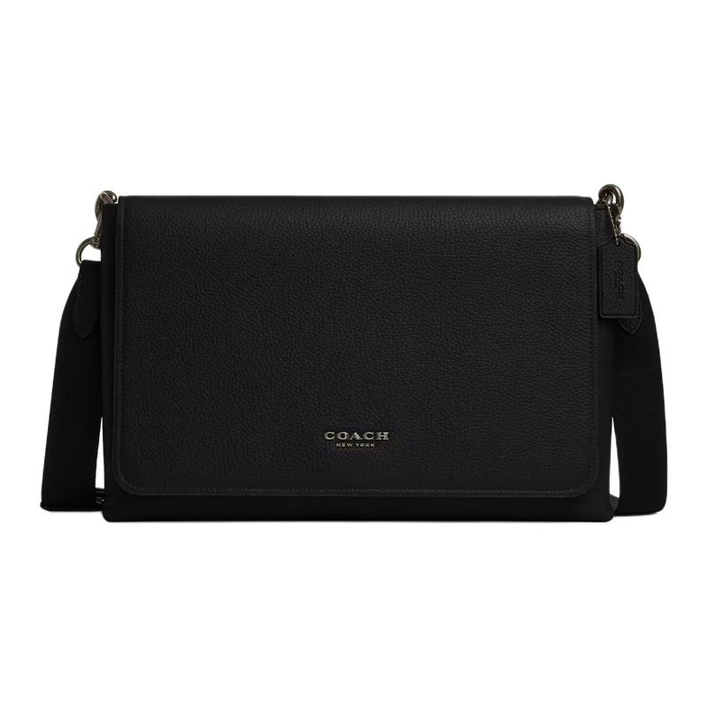 

COACH 36 Brand Letter Logo Leather Shoulder Crossbody Bag Large Men s Black чорний