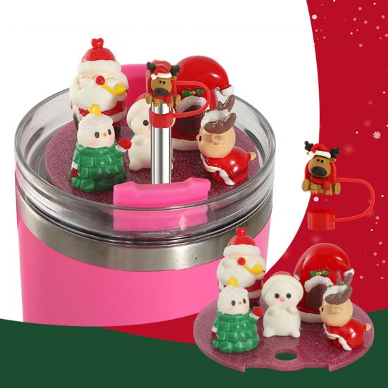 1 Set Christmas Straw Cover Cap Food Grade Dust-proof No Spill 40oz Tumbler Lid Straw Tip Topper Protector Decoration Cup Accessories