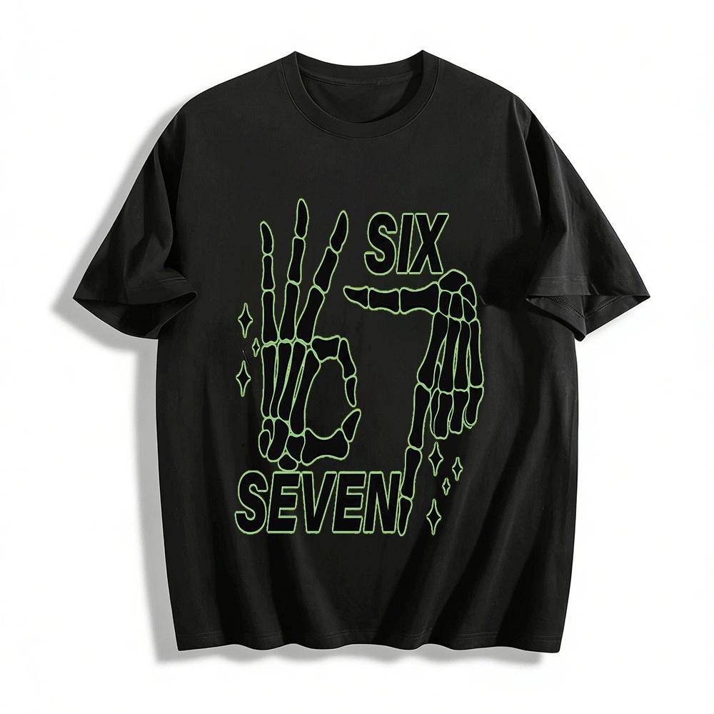 Dark Style Skeleton Gesture Six Seven Print Trendy Casual Top Pure cotton T-shirt XXS
