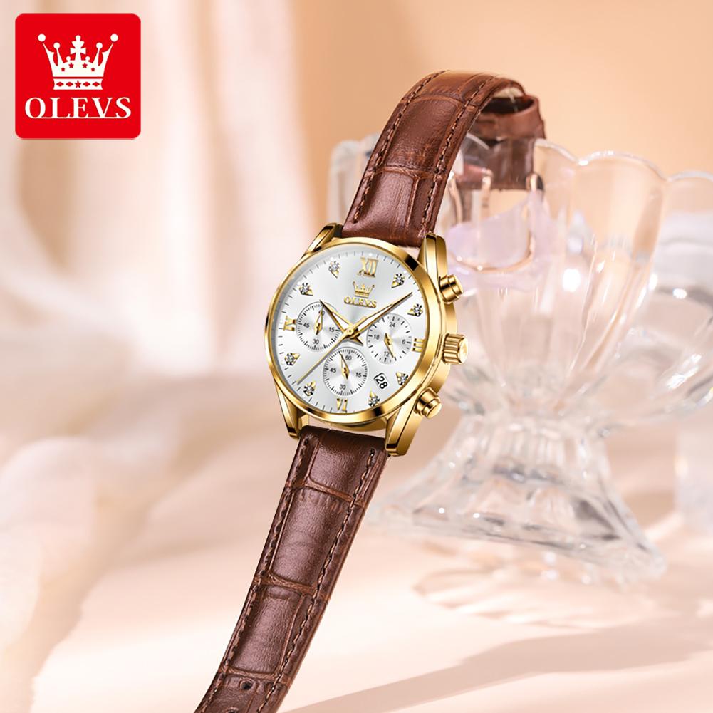 OLEVS Quartz Women's Watch Multifunctional Chronograph Waterproof Luminous Leather Strap Waterproof Luxury Elegant Ladies Watch
