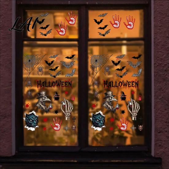 Glass Stickers Halloween Electrostatic Stickers Skull Demon Blood Handprints Bats Scary Window Pattern Cling Clings Spooky for Doors Mirrors