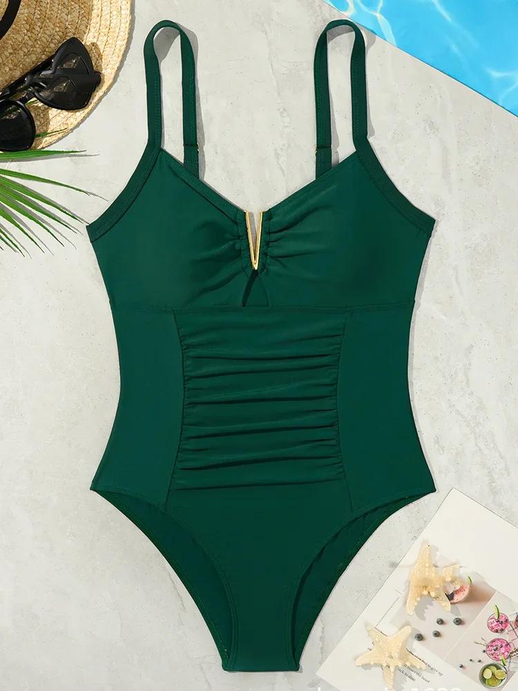 2026 V Neck Pleated Swimsuits Female Swimwear One Piece Swimsuit Women High Cut Bather Bathing Suit Swim Beachwear Slim Bodysuit