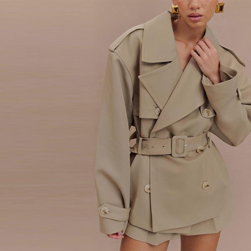 2025 Autumn/Winter Women's Elegant V-neck Tie-up Trench Coat Set
