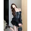 Spring and Autumn Niche Skinny New Smokescreen Retro Shoulder Two Wear Tie-dye Court Dress