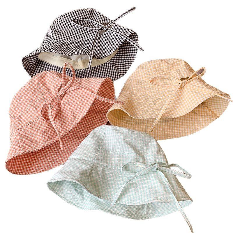 Spring New Bow Blue Plaid Fisherman Hat Children Show Washbasin Hat Sunshade Sun Hat