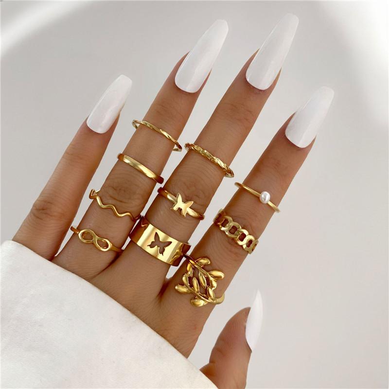 LETAPI Bohemian Vintage Heart Geometric Ring Set For Women Gold Color Boho Butterfly Pearl Hollow Leaves Rings Jewelry Gifts