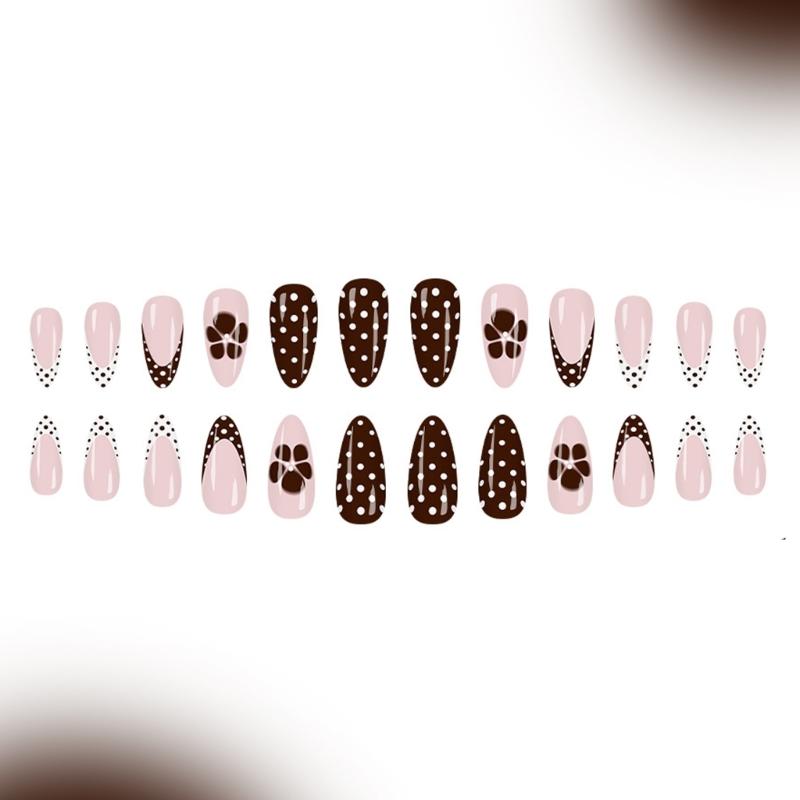 24Pcs Autumn Winter French Tip False Nail Black White Coffee Glitters Press On Artificial Nail Reusable