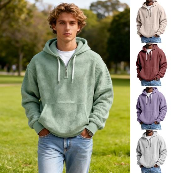 Men Quarter Zip Hoodie Waffle Hooded Sweatshirt Loose Fit Casual Pullover with Drawstring Pocket for School Gym Streetwear