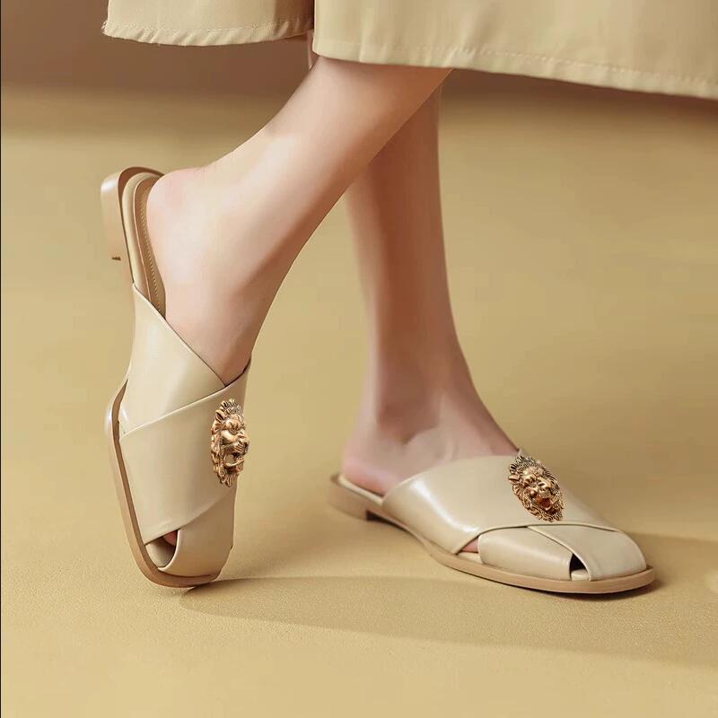 Fashion Hot Genuine Leather Square Toe Low Heel Mules Concise Style Solid Young Lady Daily Wear Casual Cozy Outside Slippers T58