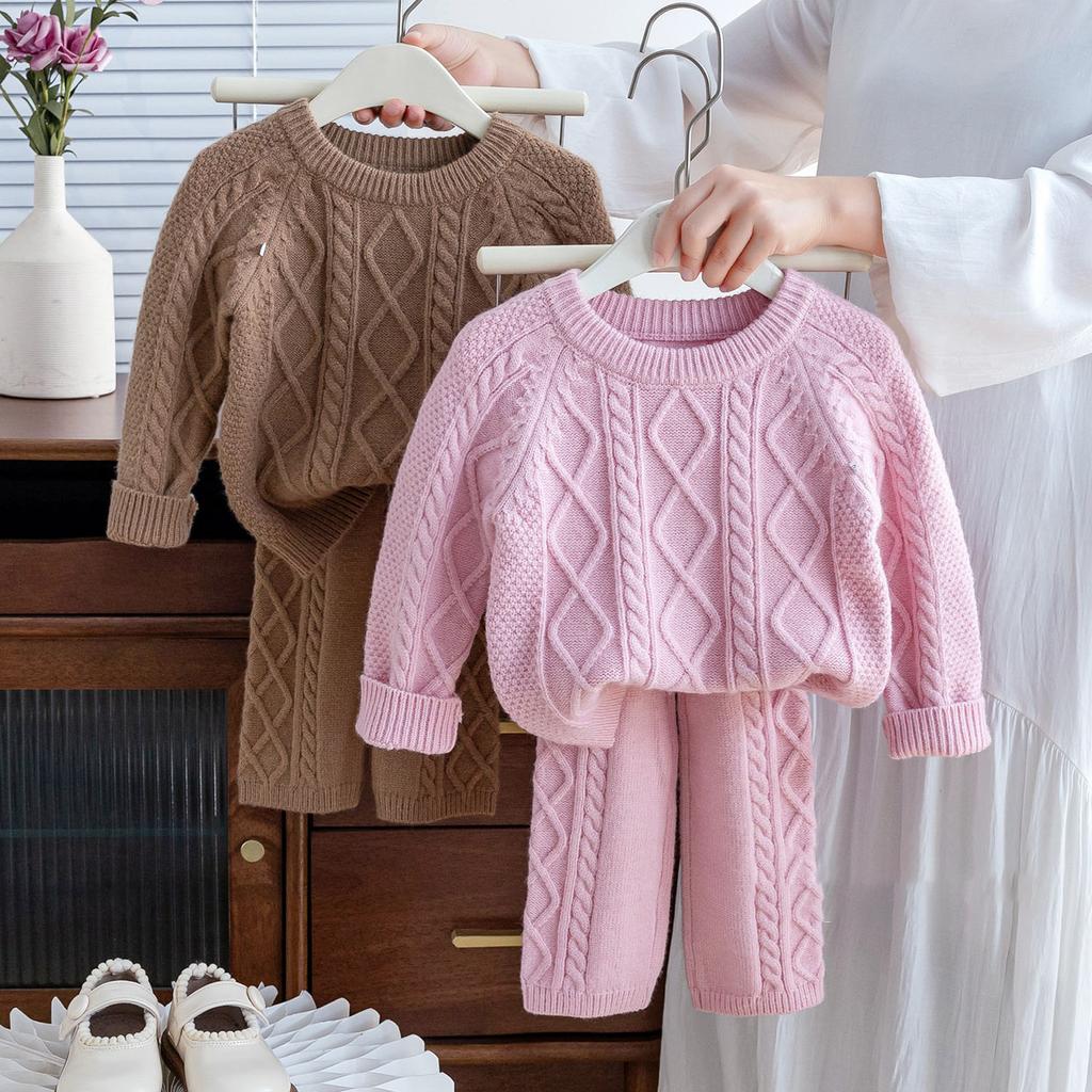 Girls Autumn Knitting Sweater Sets Pullover Girls Clothing Sets Winter Korean Sweater Pants Children Knitted Wool Trouser Suits