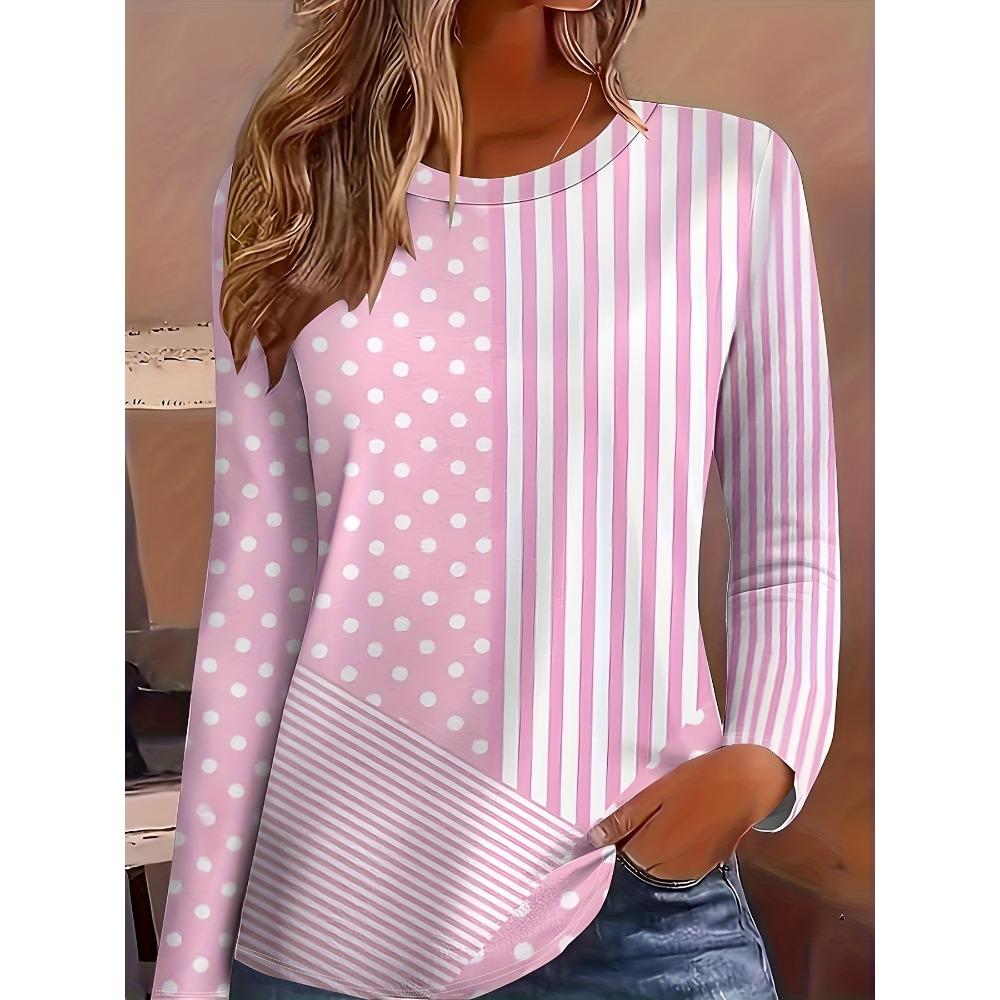 Summer Fashion Women's Stripe 3D Printed T-shirt Comfortable Soft Breathable Loose Large Casual Sports Versatile Round Neck Long Sleeve T-shirt