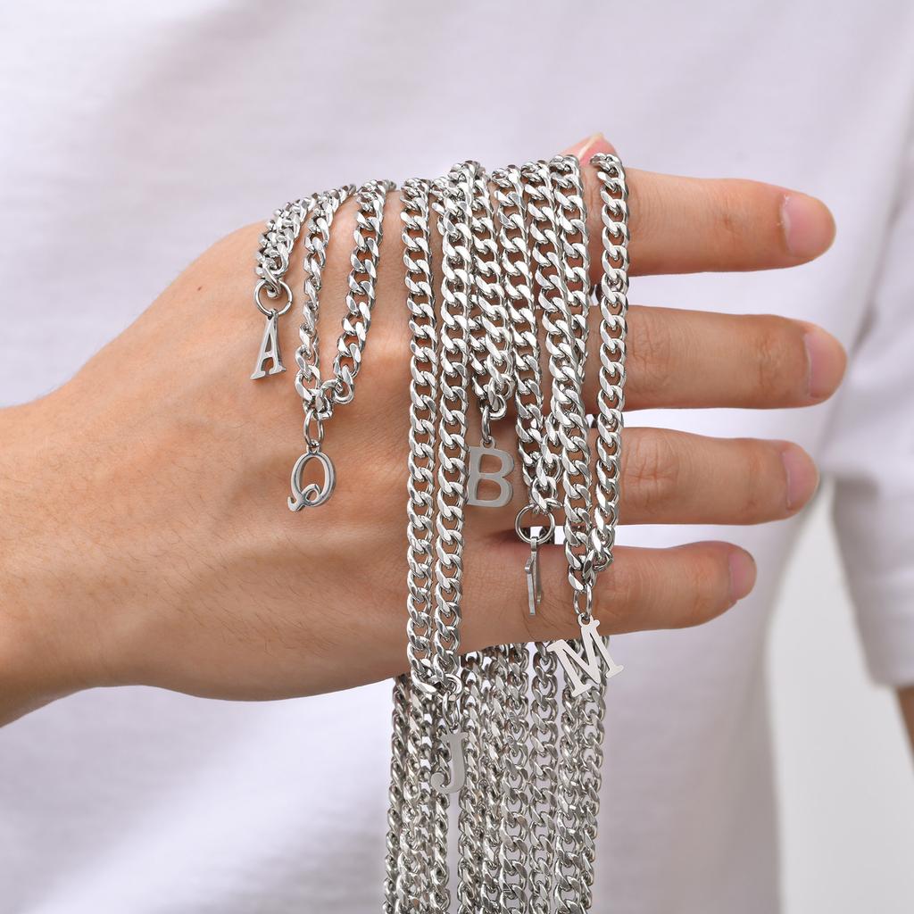 5mm New Stainless Steel Six-edged Grinding Chain Letter A-Z Necklace,Silver Color Fashion English Alphabe Necklace for Men