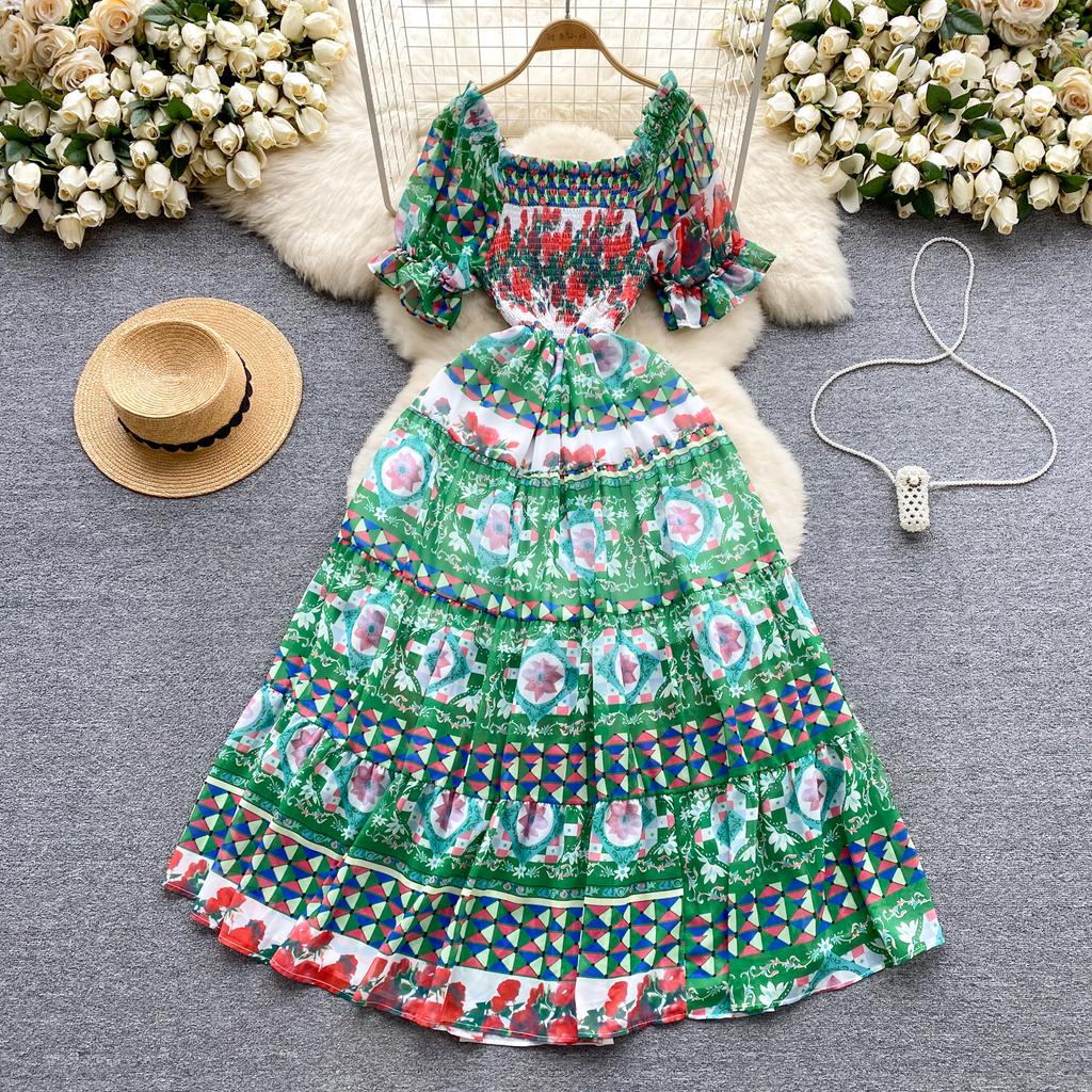 Berufskleid für Damen, quadratischer Kragen, Puffärmel, bedruckt, Chiffon-Kleider, A-Linie, Falten, Stretch, Vestidos Mujer, Sommer, Dropship