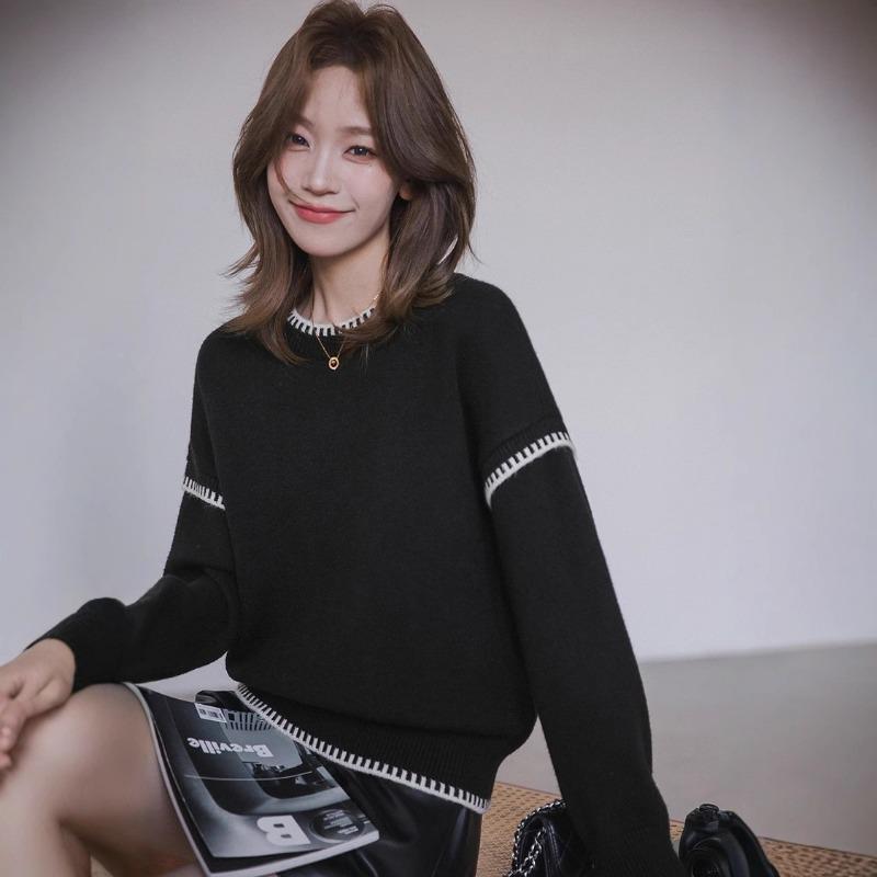 New autumn and winter black and white contrasting color edge crew neck sweater women's simple versatile loose lazy wind knitted sweater