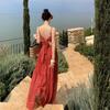 Französisches Retro-Urlaubs-Neckholder-Kleid mit Schleife, Rot, Lang, Taille Schlank, Gepunktet, Trägerkleid