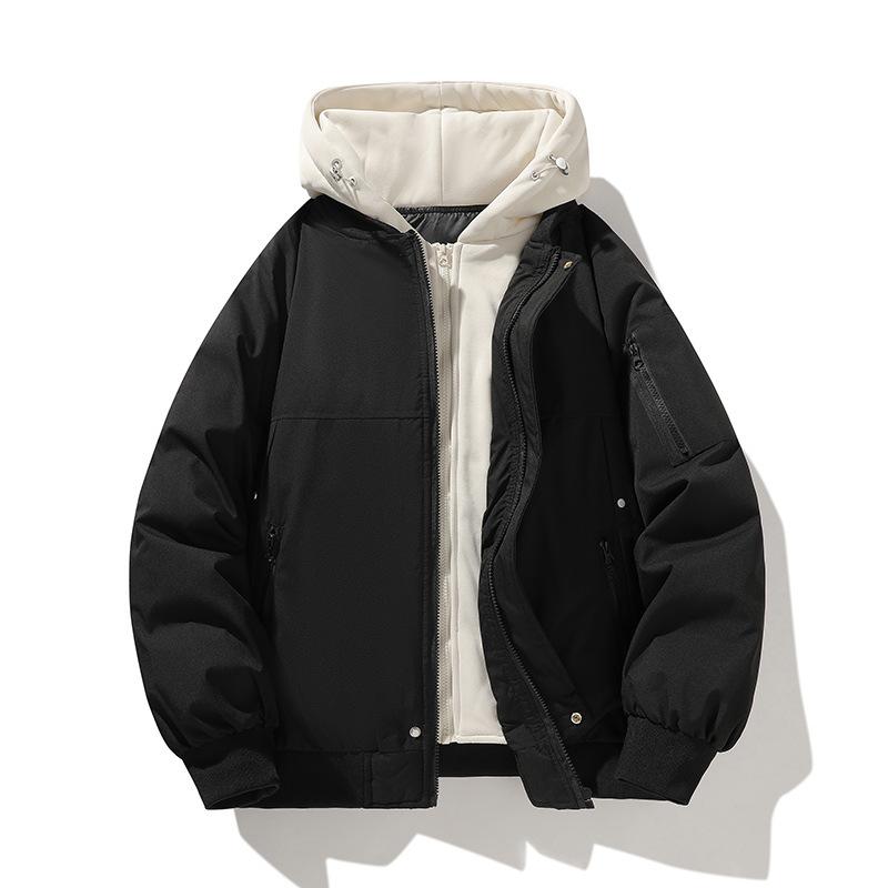 Winter New Fake Two Pieces Fashionable Loose Warm Cotton-padded Clothes Men and Women with The Same Hooded Jacket