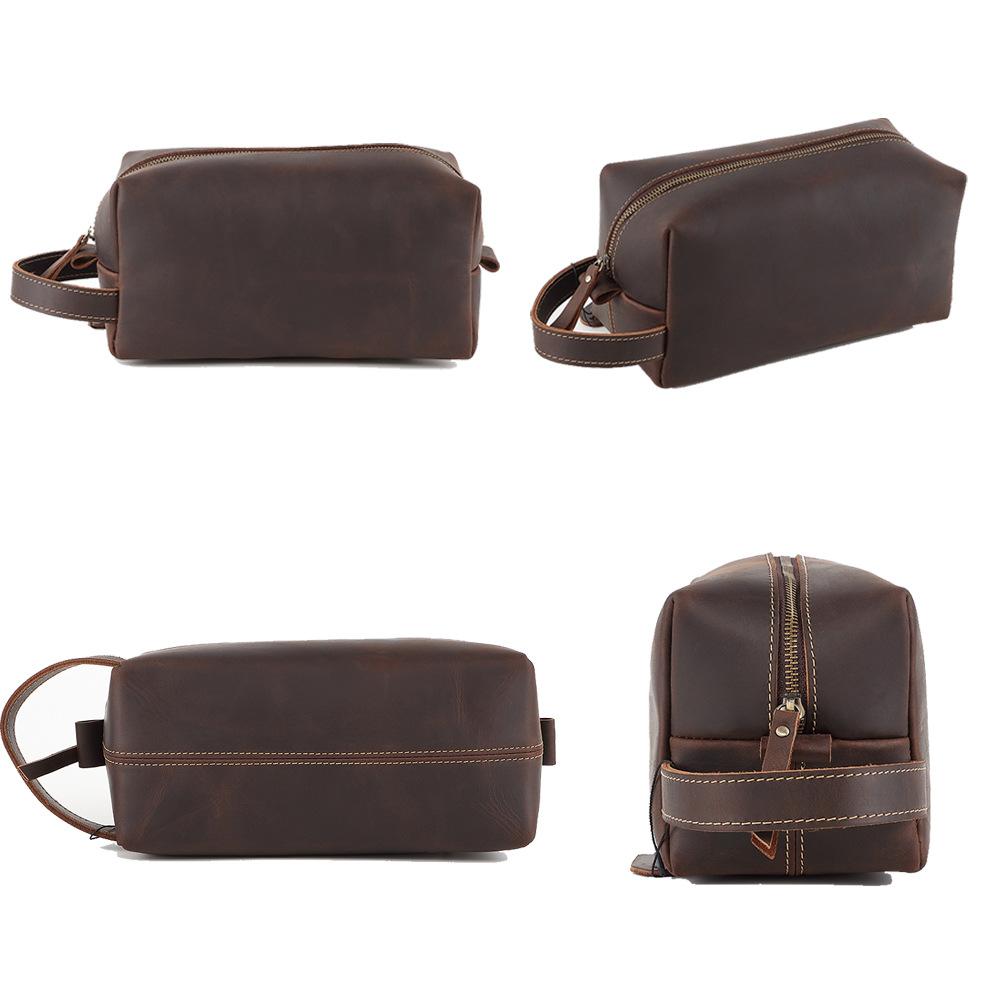 First Layer Cowhide Crazy Horse Leather Wash Bag, Retro Genuine Leather, Large Capacity Stationery Bag, Cowhide Storage Bag