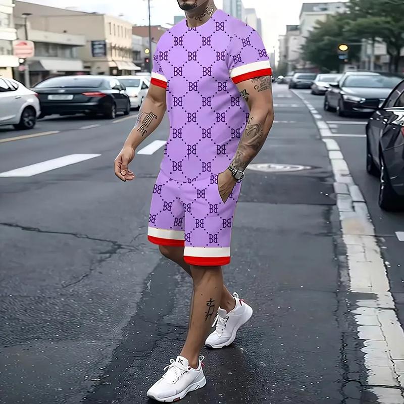 New Men's Striped Letter Pattern Printed Short-Sleeved T-Shirt Set Summer Short-Sleeved T-Shirt Drawstring Shorts 2-Piece Set