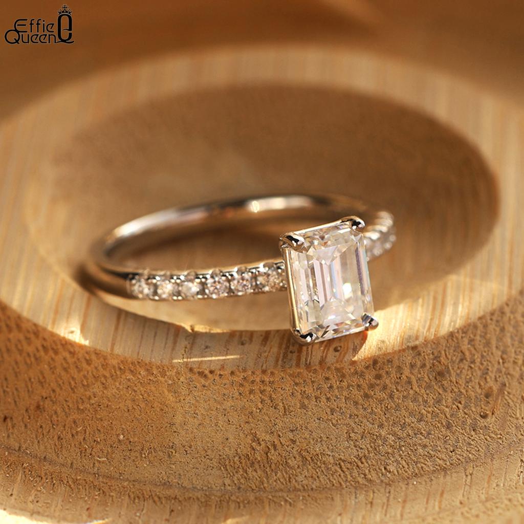 Anello Effie Queen 100% Argento Puro 925 Taglio Smeraldo Diamante Moissanite Gioielli Semplici per Donne Festa di Matrimonio Compleanni Regalo MOR08