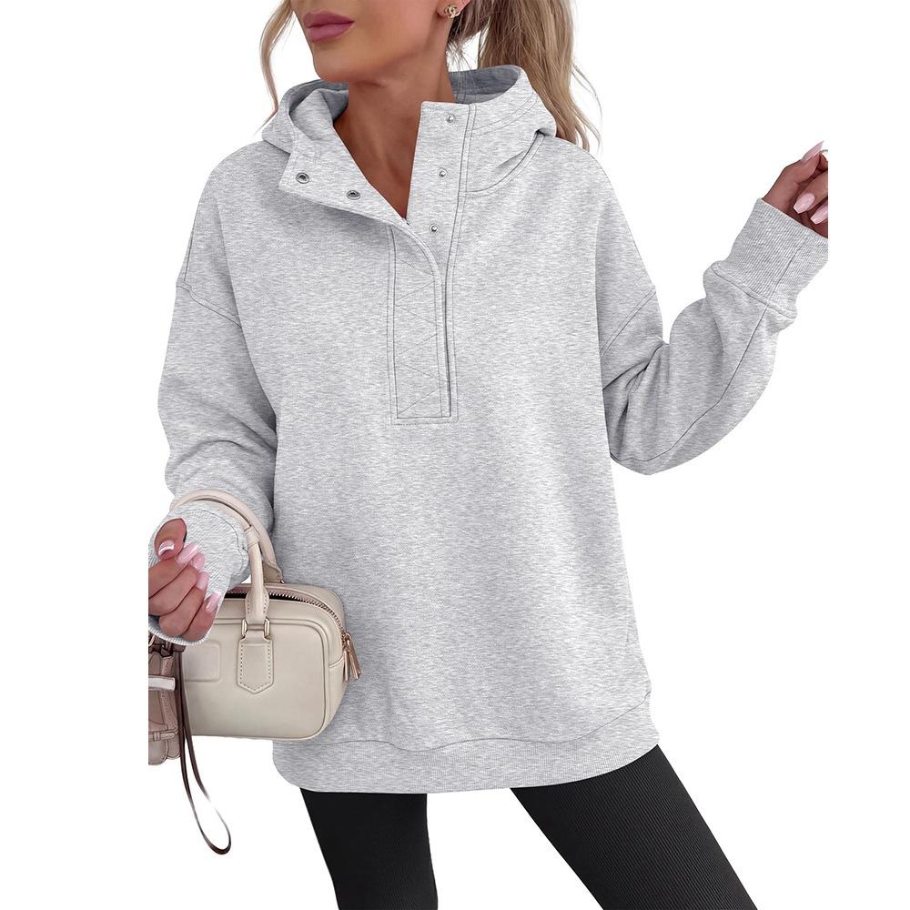 Fall/Winter New Style Women's Half-Closed Neck Buttoned Casual Loose Sweatshirt Long Sleeve Hooded Shirt