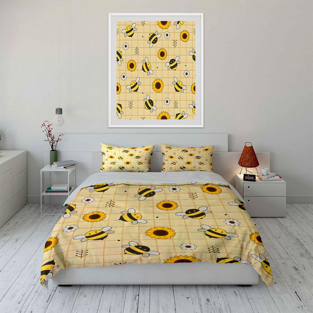 Bee and Sunflower Pattern Bedding Duvet Cover Set (1*Duvet Cover 2*Pillowcases, without duvet insert)