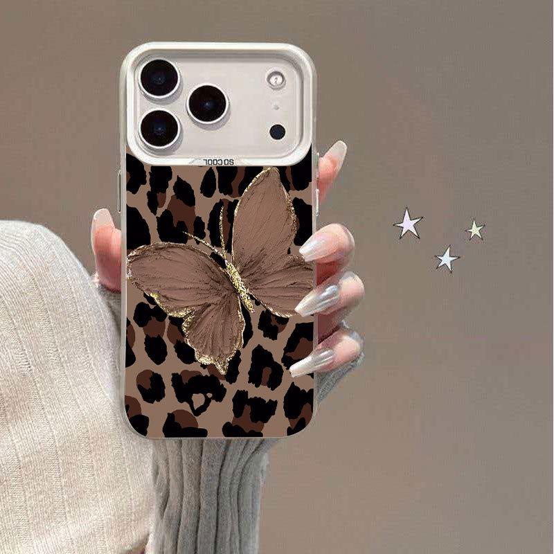Trendy Leopard Print Butterfly iPhone Case: Anti-fall Stand for Apple 15, 16, 17 iPhone 17