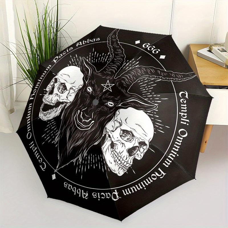 

666 Baphomet Goat Head with Pentagram and Skulls Occult Symbol Sticker Decal Umbrella, Cute Umbrella with Cute Design, Portable 3-Fold Compact Umbre