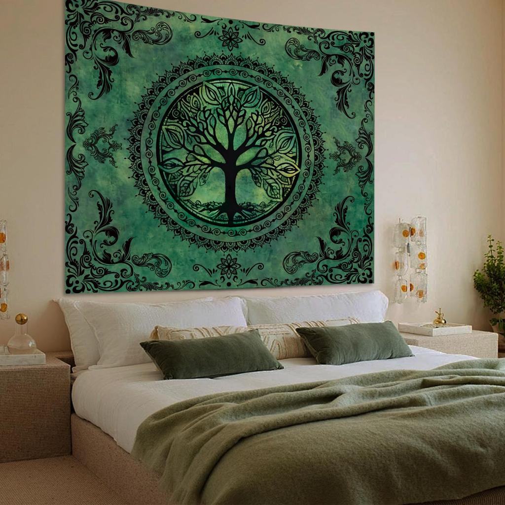 VIKAMA Green Nature Tree of Life Tapestry Boho Hippie Mandala Y2K Wall Hanging Aesthetic CeilingBackdrop Decor for Bedroom