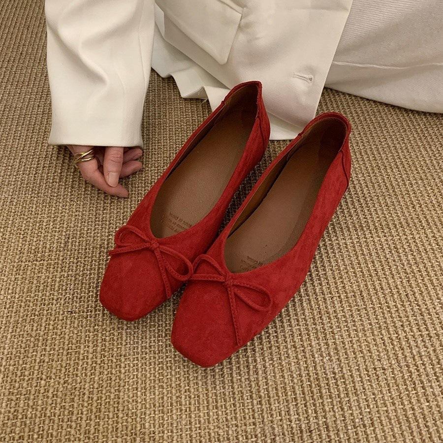 Inner Height Increase Square Head Red Bow Single Shoes Women's Shoes Versatile Gentle Commuter Shoes