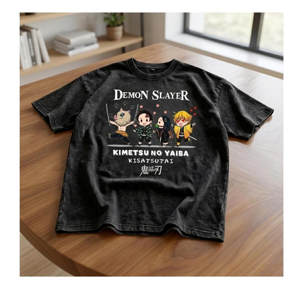 Demon Slayer Washed Anime T Shirt, Kimetsu No Yaiba Chibi Graphic Tee, Tanjiro Nezuko Zenitsu Shirt, Vintage Manga Oversized Streetwear
