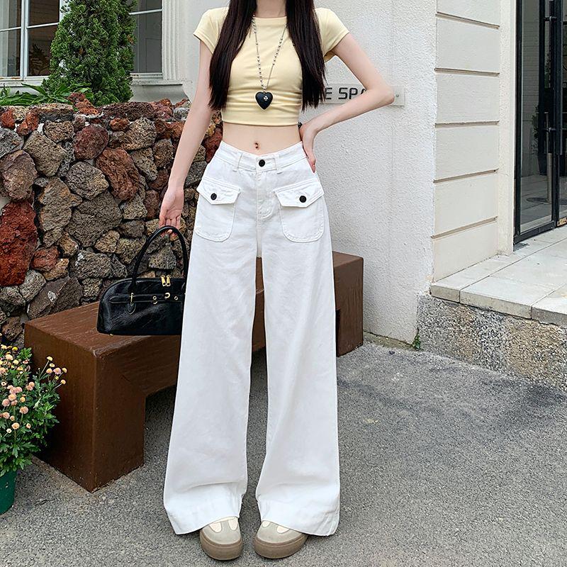 

American White High-Waist Wide-Leg Jeans for Women - Spring/Summer Casual Straight Fit XL белый