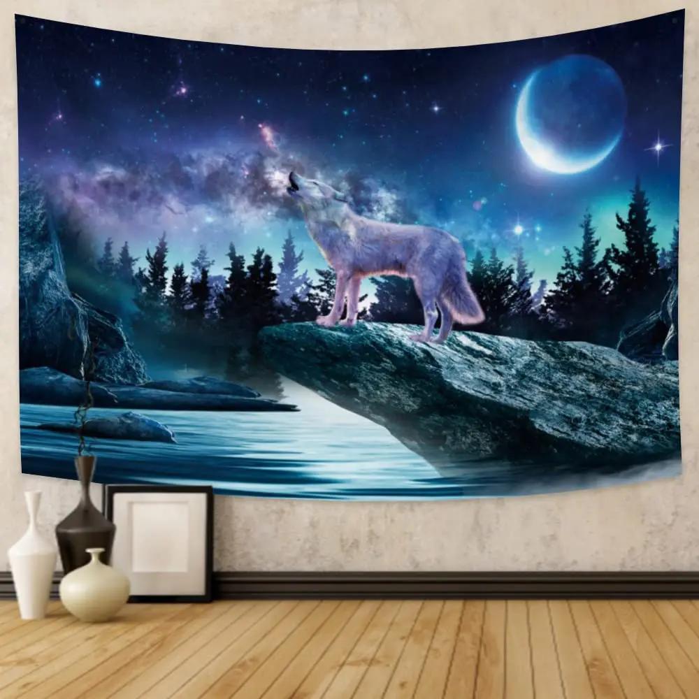 Cool Wolf Tapestry Fantasy Animals Moon Tapestry Aesthetic Mountain Forest Tapestry Wall Hanging for Dorm Home Living Room Decor 100X70CM