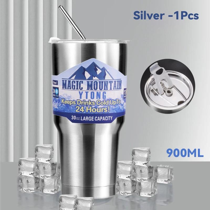 Magic Stainless Steel Freeze Thermos Cup with Straw Ice Coffee Drink Vacuum Insulated Bottle Car Travel Outdoor Mountain Cup