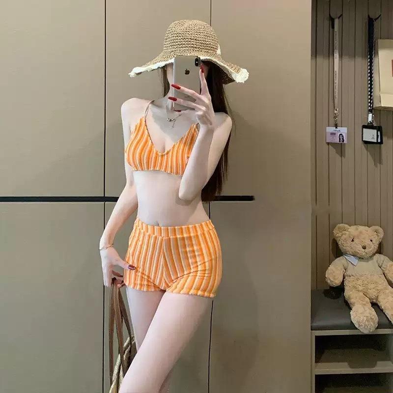 Swimsuit female sexy bikini three-point lace-up striped breasts gather babes beach vacation hot spring swimsuit
