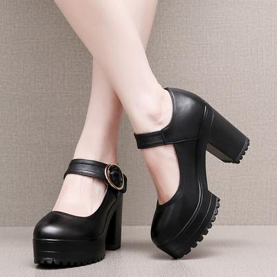 6cm 8cm 10cm Small Size 32-43 Shallow Comfortable Genuine Leather Shoes Women Pumps 2025 Fall Block High Heels Mary Janes Work