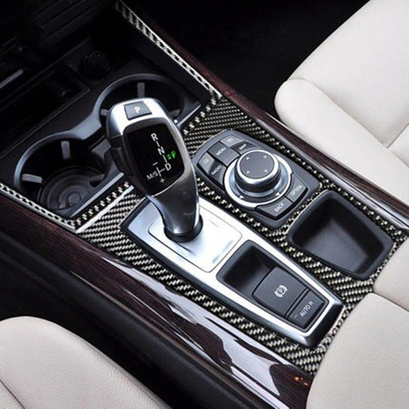Carbon Fiber Car Center Control Transmission Shift Panel Cover Decor Sticker For BMW X5 E70 X6 E71 2008-2013 Auto Accessories